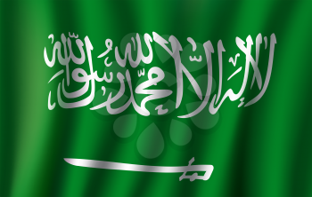 Saudi Arabia flag 3D of Arabic calligraphic inscription and sword on green color background. Islamic kingdom country official national flag waving with curved fabric or waves vector texture