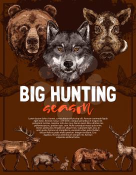 Wild animal poster for open hunting season template. Deer, bear and wolf, duck, boar, elk and hare forest animal and bird sketches for hunter club and hunting sport information poster