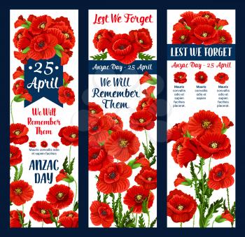 Anzac Day Lest We Forget greeting icon and poppy flower for 25 April Australian and New Zealand war remembrance anniversary greeting. Vector Anzac Day poppy symbol poppy and commemorative blue ribbon