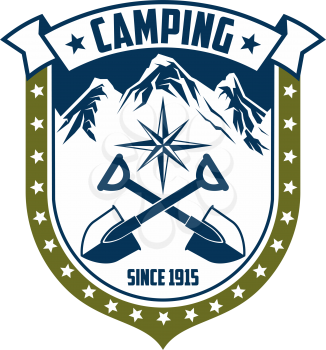 Camping or mountaineering extreme adventure icon for Alpine mountain outdoor trip. Vector isolated badge of Alp rocks or mounts, compass adn crossed spades with ribbon and stars