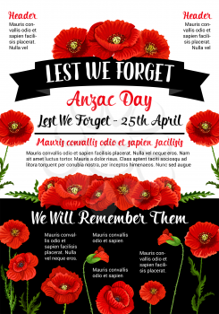 Anzac Day memorial day card and Lest We Forget text banner for 25 April of Australian and New Zealand war soldiers remembrance anniversary. Vector red poppy flowers symbols for Australia Anzac Day
