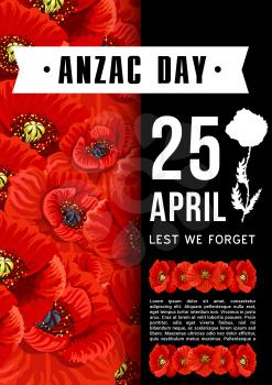 Anzac Day 25 April memorial Australian war anniversary poster or greeting card of red poppy flowers. Vector Anzac Day WWI Australia and New Zealand war veterans remembrance day holiday symbols design