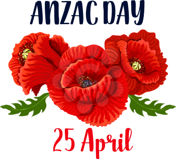 Anzac Day red poppy flowers icon design for 25 April Australian and New Zealand remembrance anniversary greeting card. Vector poppies as remembrance symbols for Anzac Day war soldiers and veterans
