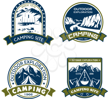 Camping site outdoor adventure icons for mountain hiking sport or extreme nature explorer team club. Vector isolated badges of Alpine mountain rock or mount, camp tent and campfire, star and ribbon