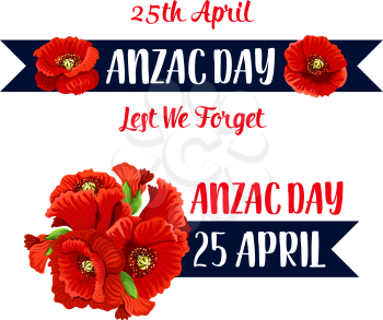 Anzac Day poppy bunch icon for war commemorative day of Australia and New Zealand soldiers and veterans. Vector red flowers symbol for freedom and peace war remembrance on Australian Anzac Day