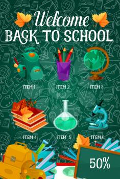 Welcome Back to School sale poster on green chalkboard pattern. Vector school bag, book or paint brush and maple leaf, chemistry copybook or ruler for September autumn seasonal school store discount