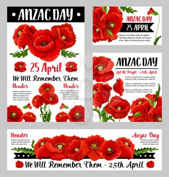 Anzac poppy poster set with floral symbol of National Day of remembrance in Australia and New Zealand. Red flower and black ribbon banner with We Will Remember Them text for Anzac Day card design