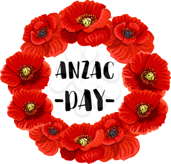 Anzac Day memorial wreath icon of red poppy flower. Floral frame with Anzac Day text in center for Australian and New Zealand Army Corps Remembrance Day card design