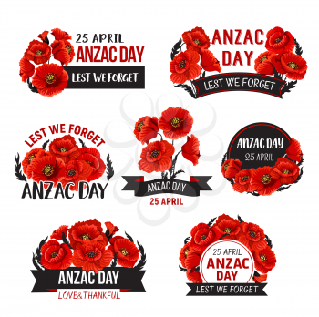 Anzac Day icons of red poppy flowers for 25 April Australian and New Zealand war remembrance anniversary. Vector symbols set for Anzac Day Lest We Forget remember text on blue ribbons banners