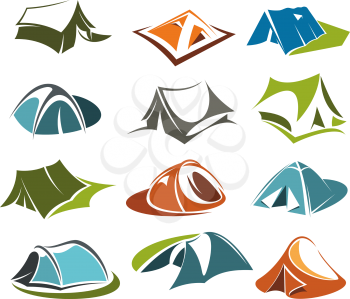 Camping tents or mountain outdoor adventure cabin icons for mountaineering or hiking sport and extreme nature explorer team club tourism. Vector isolated flat tent symbols for Alpine rock camping