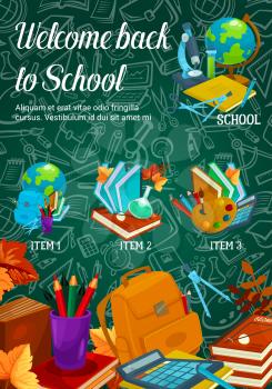 Welcome Back to School sale poster design template on green chalkboard. Vector school bag, book or paint brush and maple leaf, notebook or ruler for September autumn seasonal school discount banner