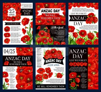 Anzac Day Australian holiday posters for Lest We Forget war commemorative day of Australia and New Zealand soldiers. Vector greeting cards design of red flowers Australian Anzac war commemoration day