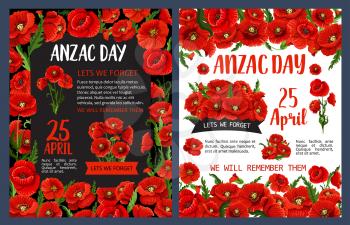 Anzac Remembrance Day poster for Australian and New Zealand national memorial anniversary of war soldier. Red poppy flower with black ribbon banner and Lest We Forget message for banner design