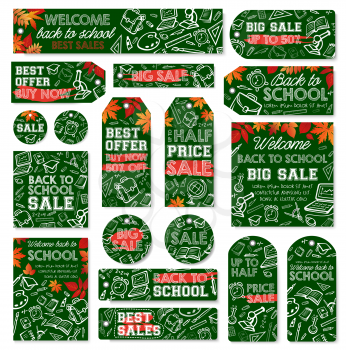 School supplies sale tag and back to school special offer label set. Student stationery and education items chalk sketches on green school blackboard for discount card or sale promotion flyer design