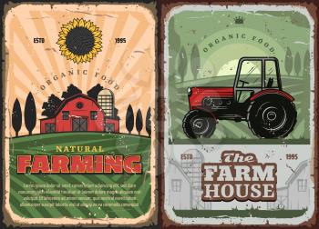 Farm house and tractor retro poster for farming and agriculture industry. vector vintage design of farmer grain barn and arable field with wheat and rye harvest, sunflower and mill