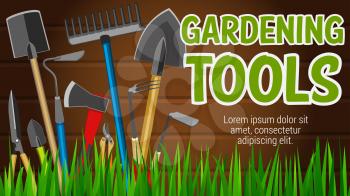 Gardening tools banner with agriculture equipment for garden market. Shovel and rake, spade and scissors, secateur and pruner, axe and hoe on grass. Horticulture items to work with plants vector