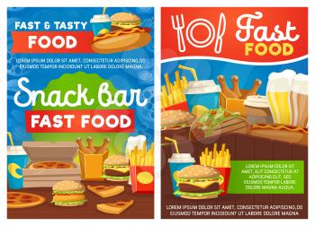 Fast food and snack bar, vector. Burgers, pizza and french fries and chicken drumsticks. Vector street food, soda drink or coffee and beer. Fastfood cafe or restaurant meals and dishes