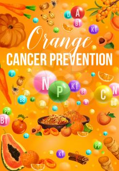 Color detox diet poster with orange food day. Apricot and peach, sea buckthorn and papaya, ginger and cinnamon, pumpkin and carrot, vanilla and poppy. Proper nutrition for cancer prevention vector