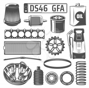 Car spare parts, oil canister and washing cleaner vector monochrome icons. Motor oil can, gear wheel, number plate, filter and cell spring, jumper cable and jack, car wash and bearings, head gasket