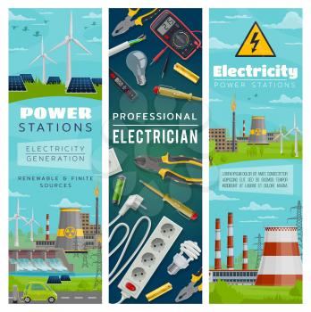 Power stations of nuclear and eco energy for electricity generation. Wind mills and solar batteries, water dams and nuclear plants. Electrician tools, pliers and screwdriver, wire and socket vector
