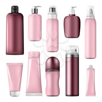 Cosmetic bottles and liquid containers mock up made up of pink plastic. Beauty and skin care product packages for cream, lotion spray and shampoo tube, foam pump dispenser for soap and shower gel