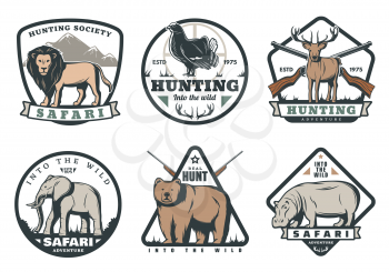 African safari hunting retro labels of animal and bird with target. Wild deer, bear and elephant, lion, hippo and reindeer old vintage badges design with hunter rifle gun, antlers and ribbon banner