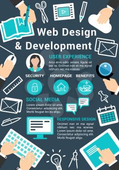 Web design and site development company or digital agency poster. Vector flat icons and internet technology programming tools for search analytics, e-mail communication chat and multimedia storage