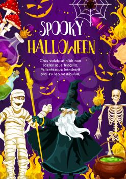 Halloween holiday greeting banner with october trick or treat night monster. Spooky skeleton, spider net and horror mummy, evil wizard, witch potion and cauldron festive poster for invitation design