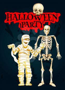 Halloween Party poster of dead zombie and skeleton monster for trick or treat holiday invitation or greeting card design. Vector Halloween blood lettering and spooky skull on tombstone graveyard