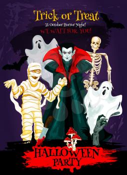 Halloween trick or treat poster of october horror holiday celebration. Dracula vampire with ghost, skeleton and zombie, mummy and bat for Halloween horror night party invitation flyer design
