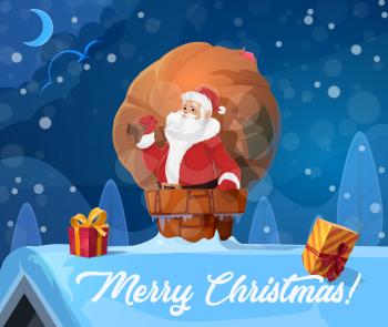 Santa Claus on roof in chimney, sack of Christmas gifts. Vector wrapped boxes with bow, winter holiday greeting card, elderly man in costume. Xmas presents delivery, fairy character, Noel or New Year