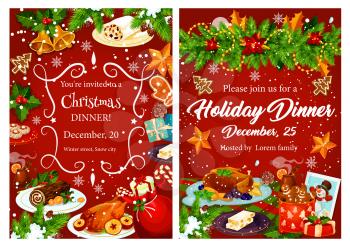 Christmas holiday festive dinner invitation card. Xmas turkey, cake and mulled wine, cookie, turron nut dessert and gingerbread banner, decorated by Christmas garland with gift, holly, bell and snowflake