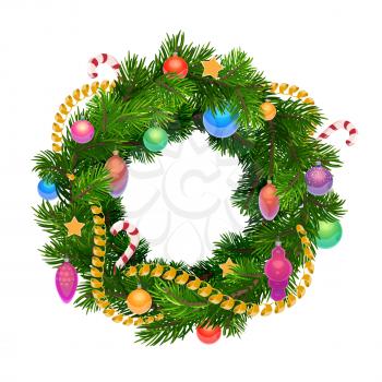 Christmas wreath with balls, decoration and ornaments. Vector Xmas tree wreath of fir and pine with confetti tinsel, golden stars, balls or cones and candy canes