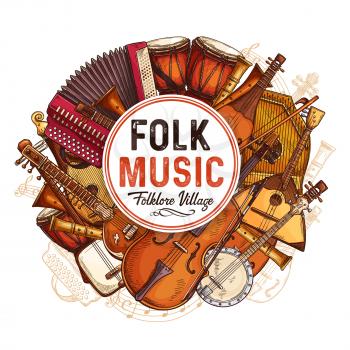 Folk music concert sketch poster with musical instruments. Vector design of musical button accordion, African jembe drum folk bandura and rebec viola with music notes staff for live concert performance