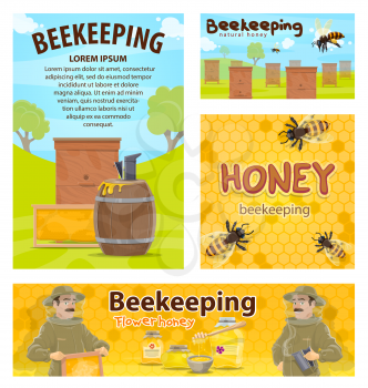 Beekeeping posters flat design of apiary and beekeeper. Man with honeycomb taking honey from beehive to jar or barrel with bees swarm flying around on beekeeping farm vector banner