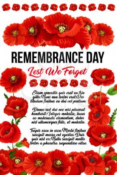Creative design for Remembrance day with red poppies isolated on white background. Red text Lest we forget. Concept of honoring of soldiers killed in First World War