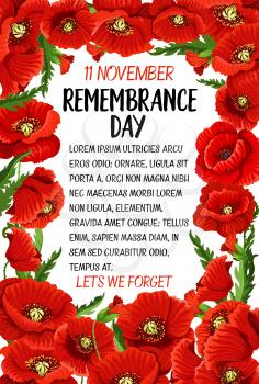 Remembrance Day greeting card of poppy flowers for 11 November Lest we Forget Commonwealth national commemoration. Vector poppies for Australian, Canadian and British armistice veterans remembrance