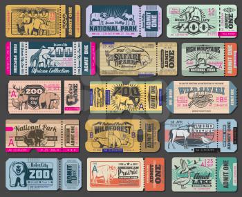 Zoo tickets for zoological park. Vector vintage admit ticket design of wild bear, wolf or duck and wolf, African safari lion, hippopotamus or elephant and buffalo, fox or grouse bird and elk
