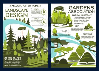 Landscape design and gardens association poster or brochure. Vector nature horticulture service for landscaping and gardening company of parklands or park trees in squares