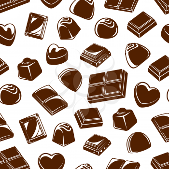 Chocolate candies seamless pattern background with sweet food desserts. Vector truffles and bars with praline, cocoa and caramel, nuts, milk and sugar toppings. Confectionery treats and snacks design