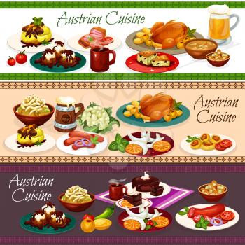 Austrian cuisine main dishes, desserts and drinks. Vector tyrolean beef stew goulash, sausages and beer soup, potato pasta with cabbage, goose and cheese knodel, cookie, chocolate and nut cakes