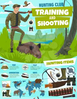Training and shooting in hunting sport poster. Hunter with rifle and wild boar in forest. Items for hunt, crossbow and trap, binoculars and bullets, compass and tent, ammunition and knife vector