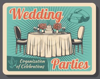 Wedding party celebration, marriage and family holiday, event arrangement or organization. Vector table and seats, bridal rings and bouquets. Champagne and cake dessert, reception and ceremony