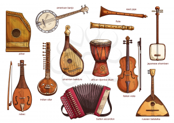 Musical instruments set zither and american banjo, reed pipe and flute. Classical music equipment collection rebac and indian siltar, ukrainian bandura and button accordion, african djembe drum vector
