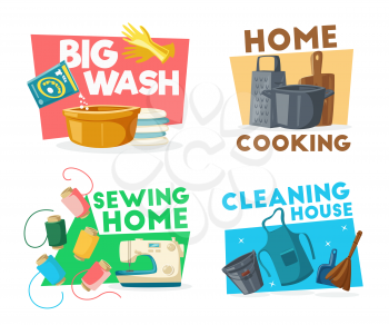 Household and cleaning icons with tools for housework. Big wash and home cooking symbols with basin full of washing powder and dishware. Sewing machine with thread coils and bucket with apron vector