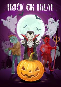 Halloween holiday, trick or treat, evil night. Vector Dracula vampire, red devil and dead zombie, ghosts or spirits, Jack lantern and full moon. Monsters and bats at graveyard with gravestones
