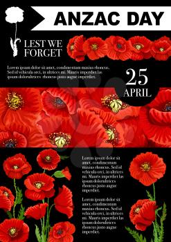 Anzac Day poster of red poppy flowers for 25 April Australian and New Zealand war remembrance anniversary. Vector design for Anzac Day Lest We Forget commemoration holiday