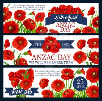 Anzac Day poppy flower banner for Australian and New Zealand Army Corps Remembrance Day design. Red flower bunch with green leaf and ribbon banner for World War soldier and veteran memorial card