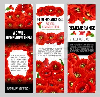 Remembrance Day poppy banner for World War soldier and veteran Memory Day template. Red poppy flower memorial card design with floral frame and Lest We Forget black ribbon