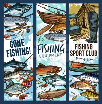 Fishing sketch banner with fishing equipment and catch fish for fisher sport club design. Fishing rod, hook and bait, boat, sea and river fish, boot, tent and backpack flyer template of sporting hobby